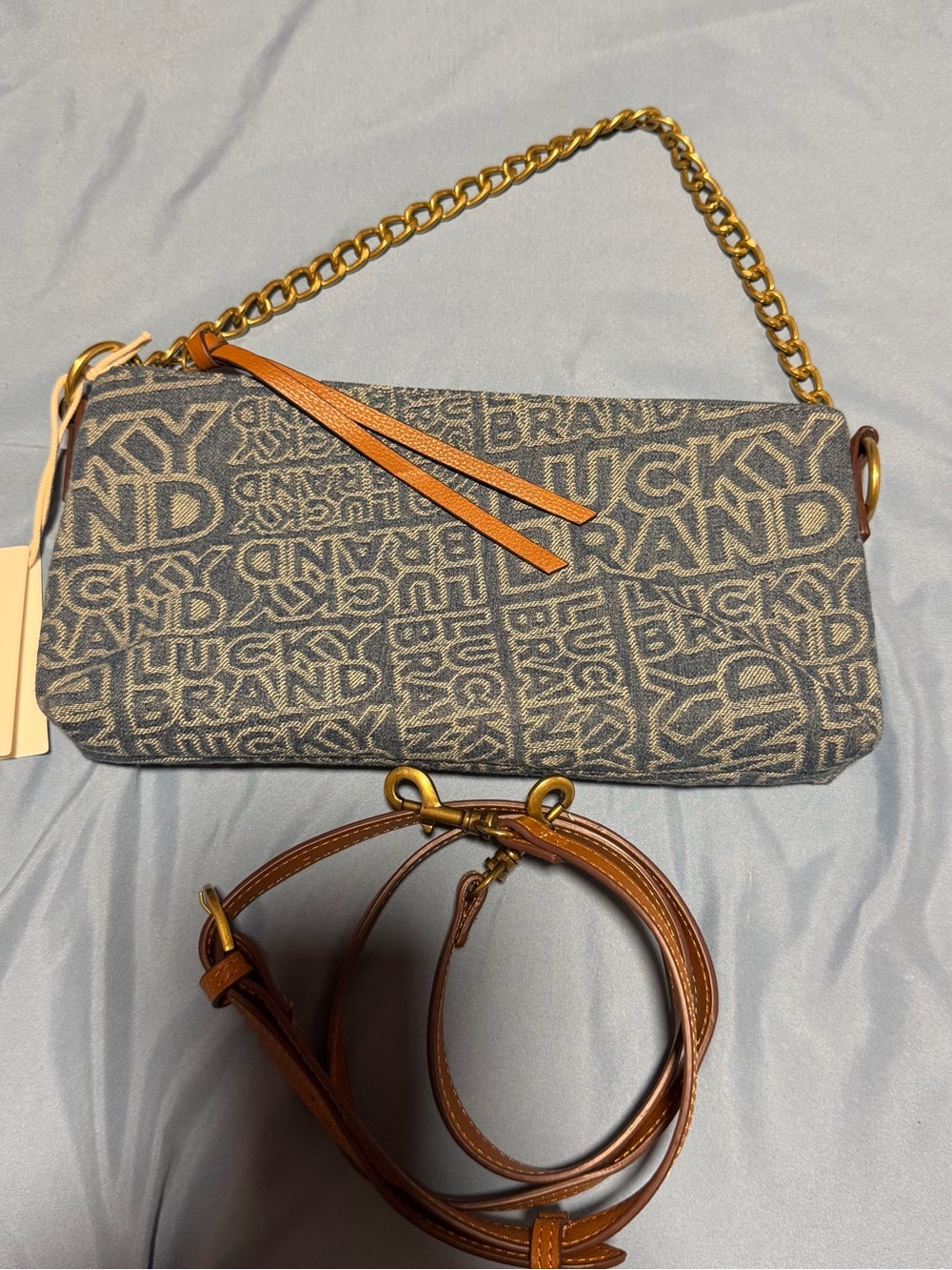 Lucky Brand Blue Logo Jacquard Crossbody with Brown Trim
